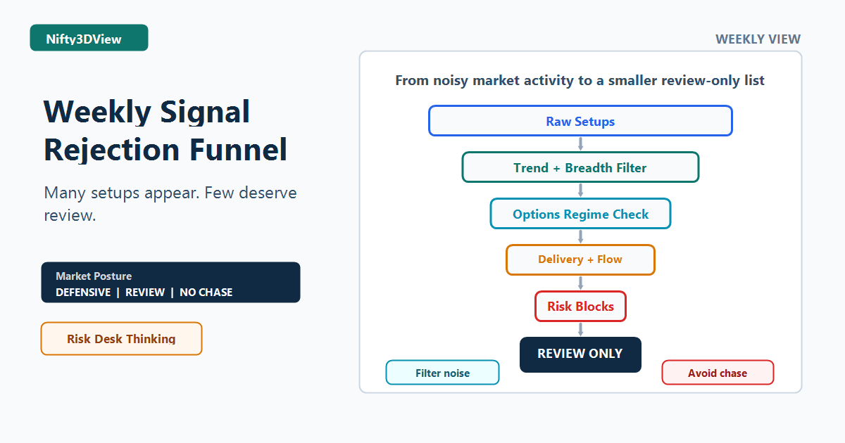 Weekly Signal Rejection Funnel showing raw setups filtered by trend, breadth, options regime, delivery, flows and risk blocks into a review-only watchlist.