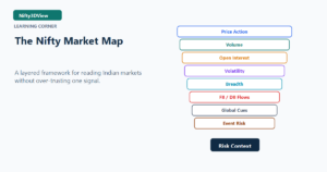 Layered Nifty market map showing price action, volume, open interest, volatility, breadth, FII DII flows, global cues and event risk.