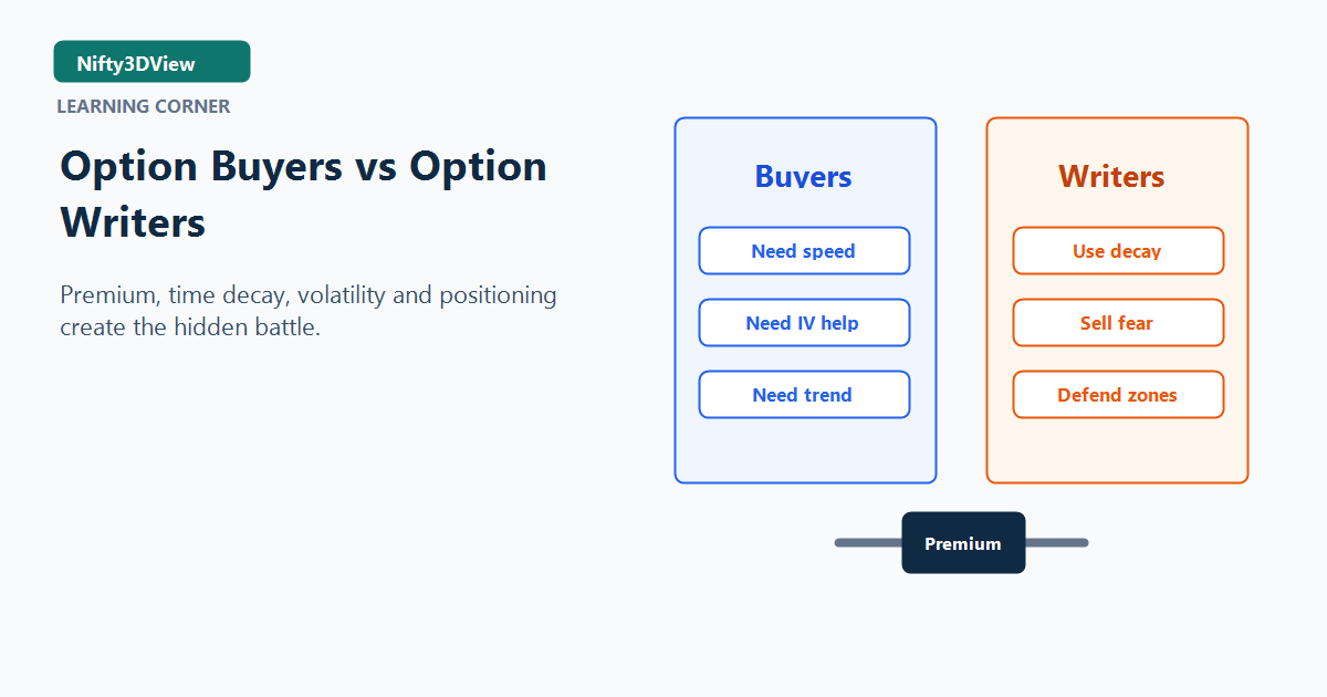 Diagram comparing option buyers who need speed and volatility with option writers who use time decay and defend zones.