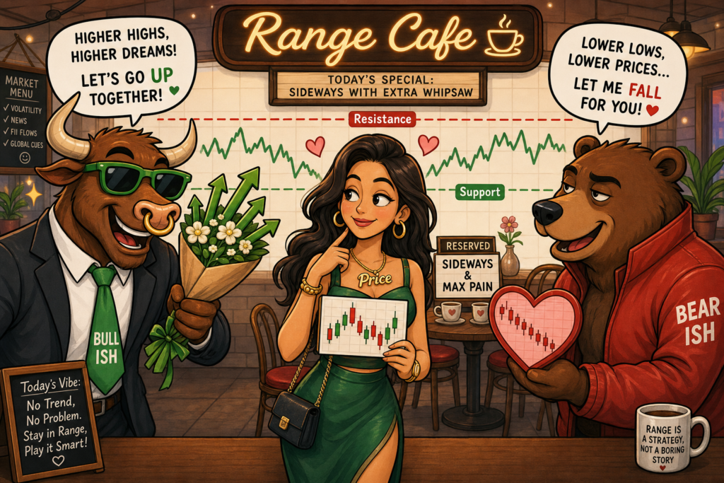 Bull and Bear trying to persuade Price at Range Cafe while support and resistance keep the market sideways.